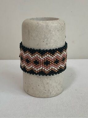 Handwoven Beaded Cuff Bracelet - Pink, Gold & Black
